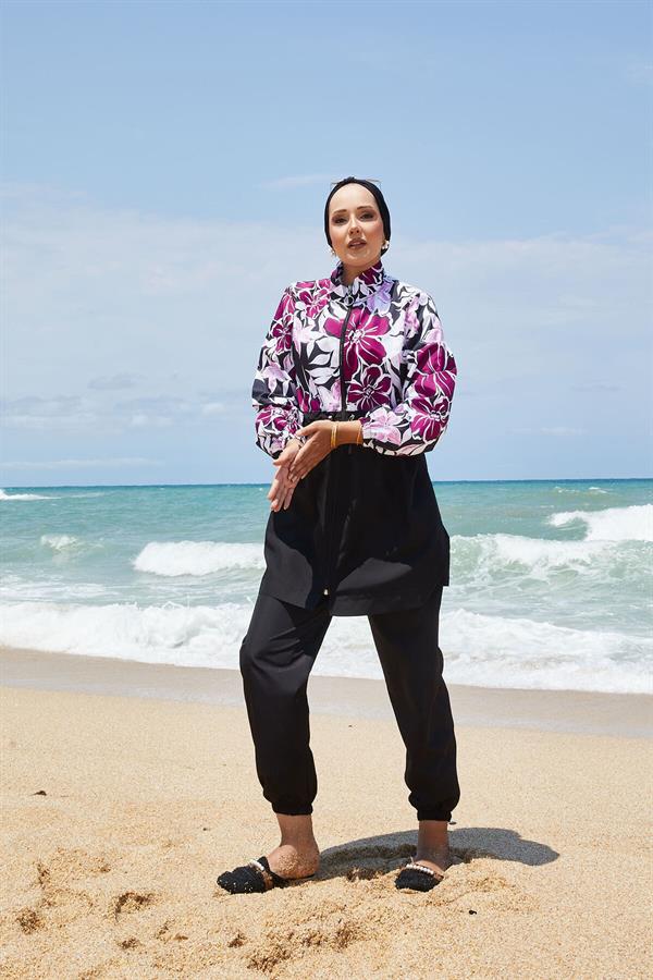 Floral Patterned Modest Swimsuit with Pleated Waist and Purple