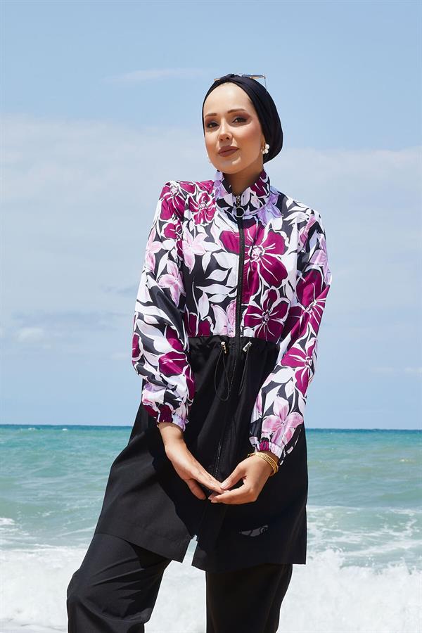 Floral Patterned Modest Swimsuit with Pleated Waist and Purple