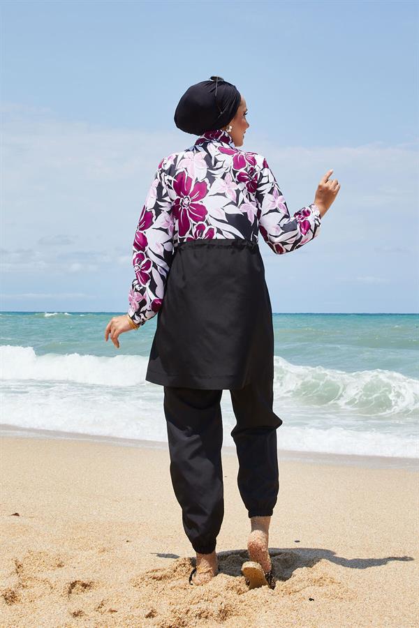 Floral Patterned Modest Swimsuit with Pleated Waist and Purple