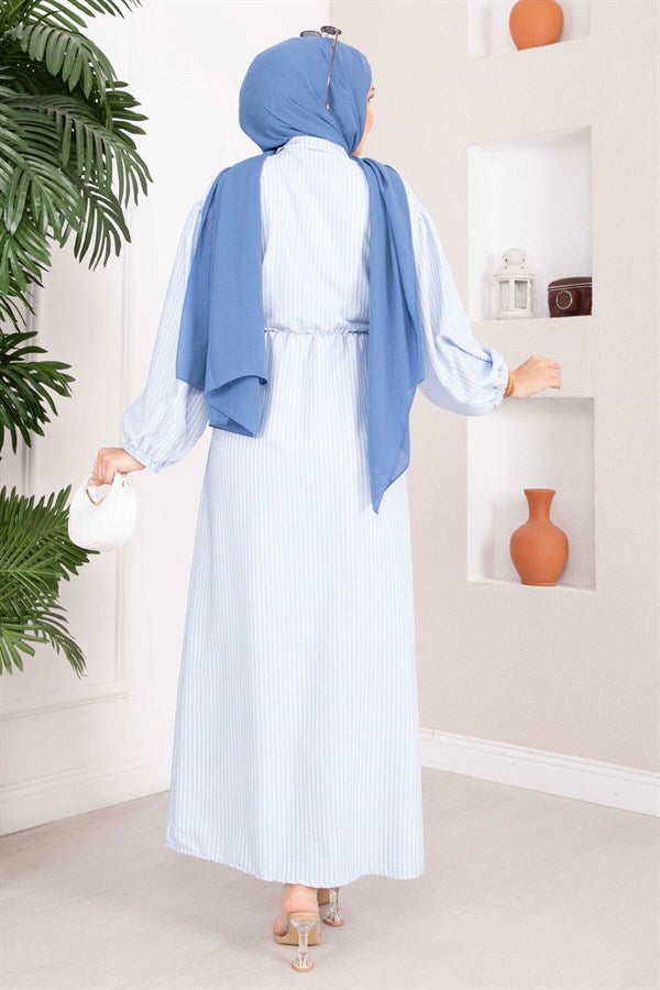 Striped Hijab Dress with Gathered Waist, Baby Blue