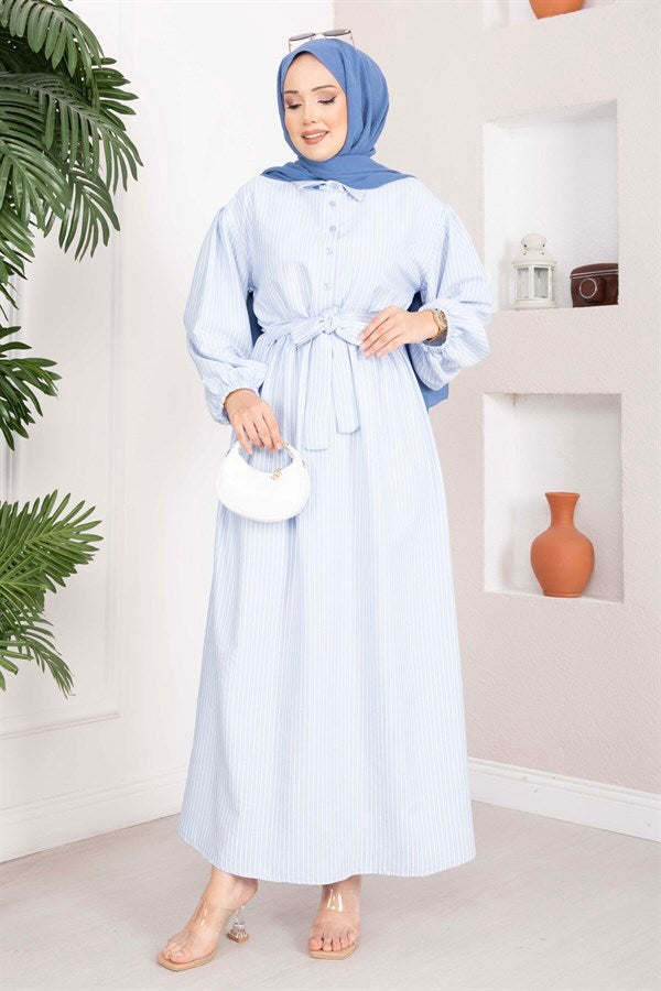 Striped Hijab Dress with Gathered Waist, Baby Blue