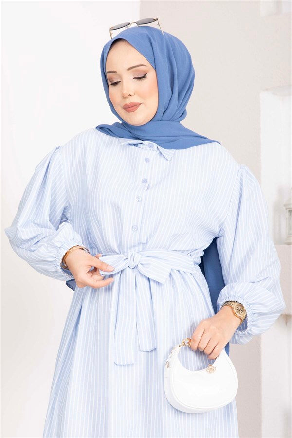 Striped Hijab Dress with Gathered Waist, Baby Blue