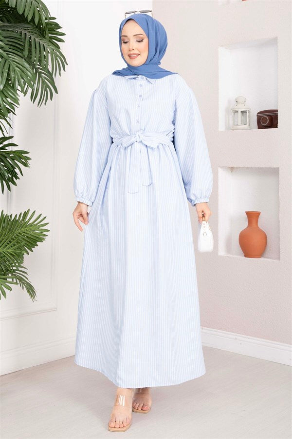 Striped Hijab Dress with Gathered Waist, Baby Blue