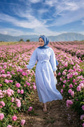 Striped Hijab Dress with Gathered Waist, Baby Blue