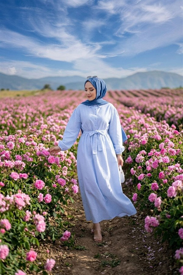 Striped Hijab Dress with Gathered Waist, Baby Blue