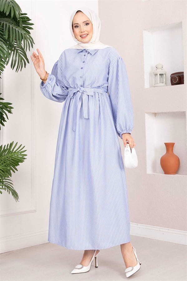 Indigo Striped Hijab Dress with Gathered Waist