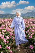 Indigo Striped Hijab Dress with Gathered Waist