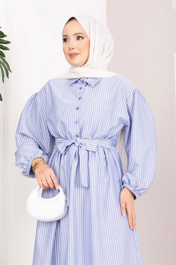 Indigo Striped Hijab Dress with Gathered Waist