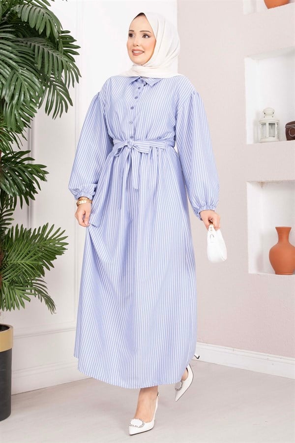 Indigo Striped Hijab Dress with Gathered Waist