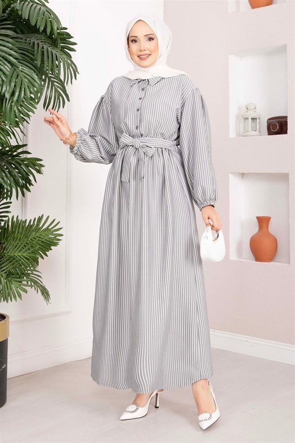 Black Striped Hijab Dress with Gathered Waist