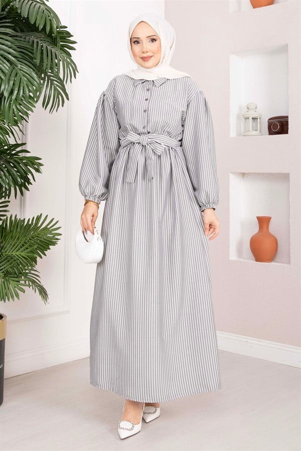 Black Striped Hijab Dress with Gathered Waist