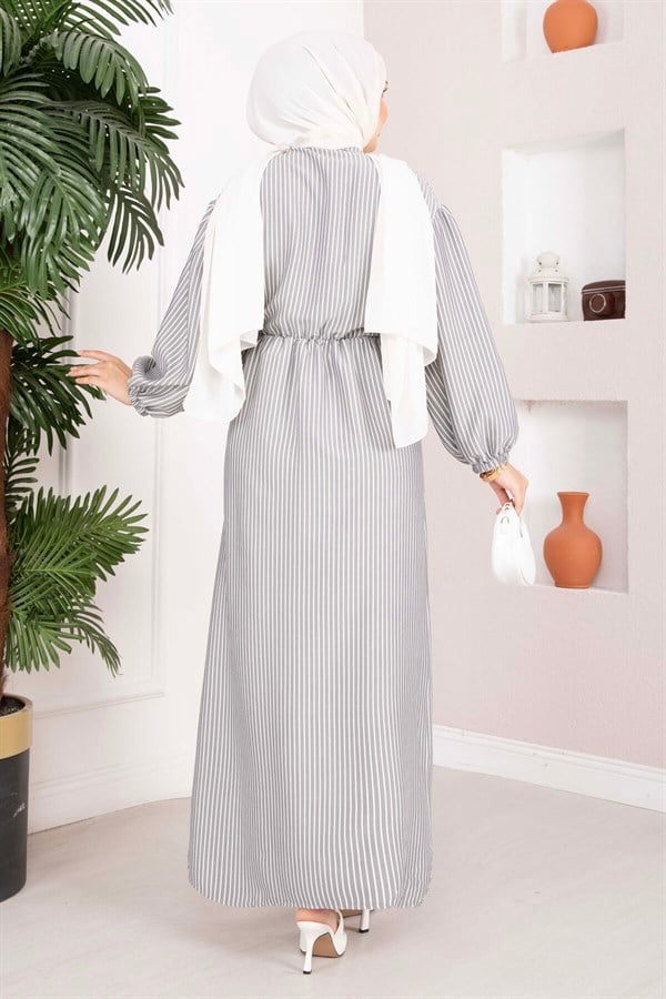 Black Striped Hijab Dress with Gathered Waist