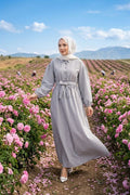 Black Striped Hijab Dress with Gathered Waist