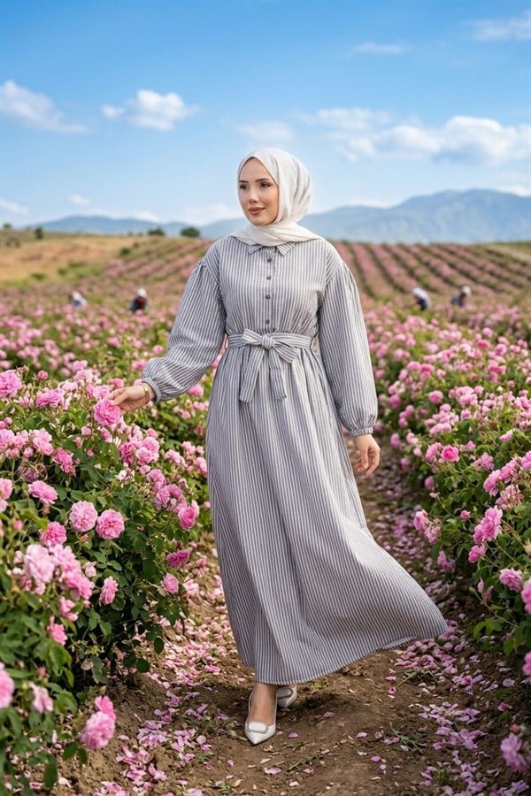 Black Striped Hijab Dress with Gathered Waist