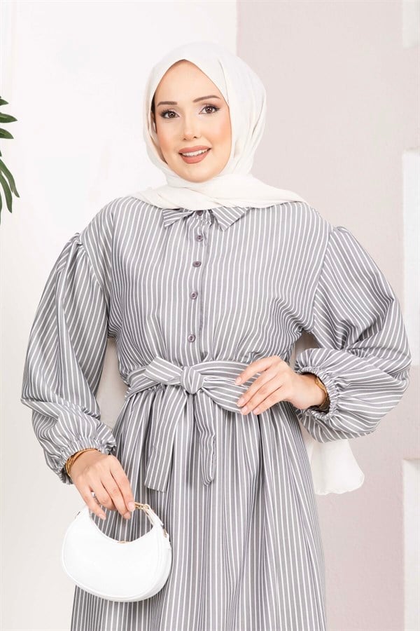 Black Striped Hijab Dress with Gathered Waist