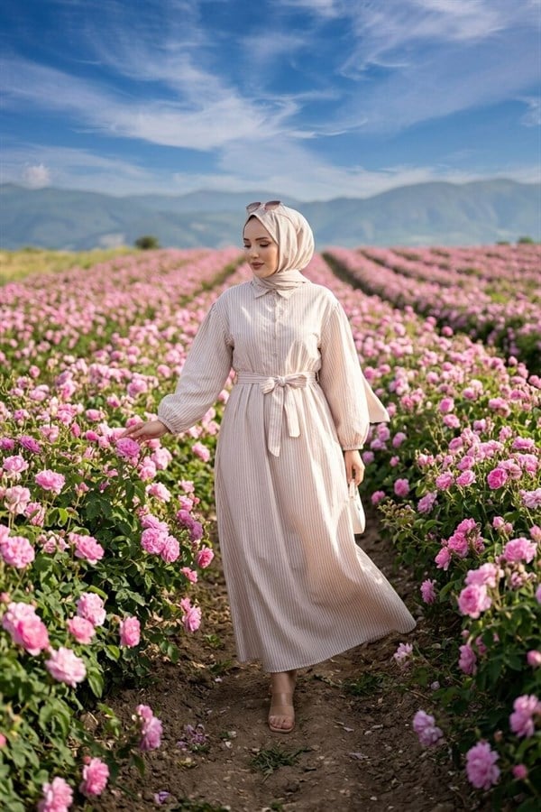 Striped Hijab Dress with Gathered Waist, Mink Color