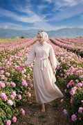 Striped Hijab Dress with Gathered Waist, Mink Color