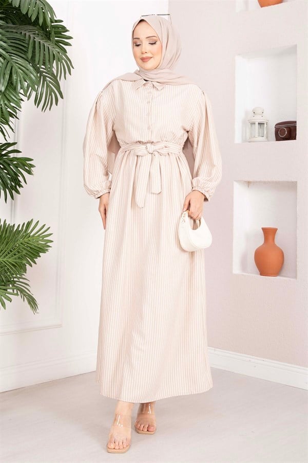 Striped Hijab Dress with Gathered Waist, Mink Color