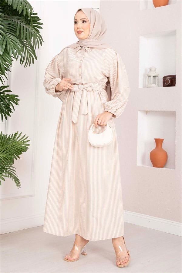Striped Hijab Dress with Gathered Waist, Mink Color