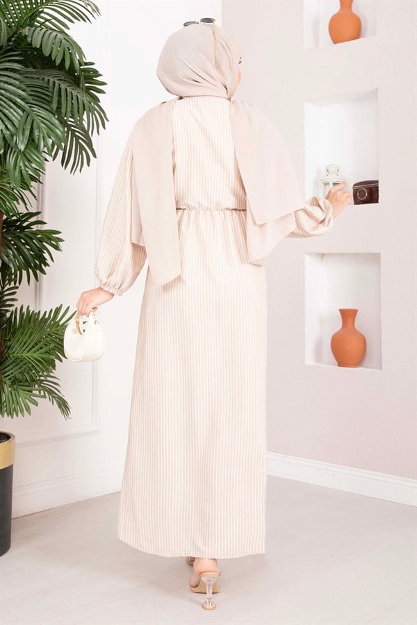 Striped Hijab Dress with Gathered Waist, Mink Color