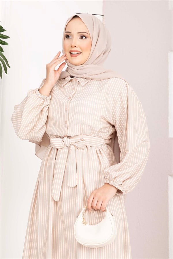 Striped Hijab Dress with Gathered Waist, Mink Color
