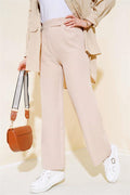 Velcro Waist Wide Leg Trousers Beige