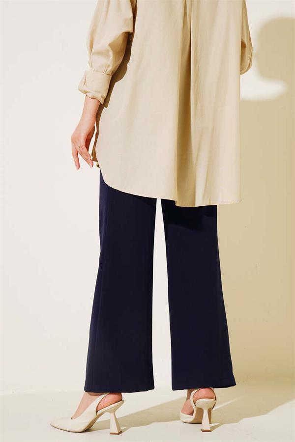Velcro Waist Wide Leg Trousers Navy Blue