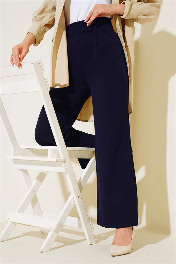 Velcro Waist Wide Leg Trousers Navy Blue