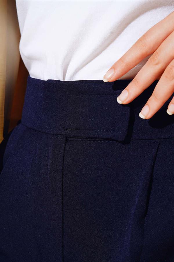 Velcro Waist Wide Leg Trousers Navy Blue