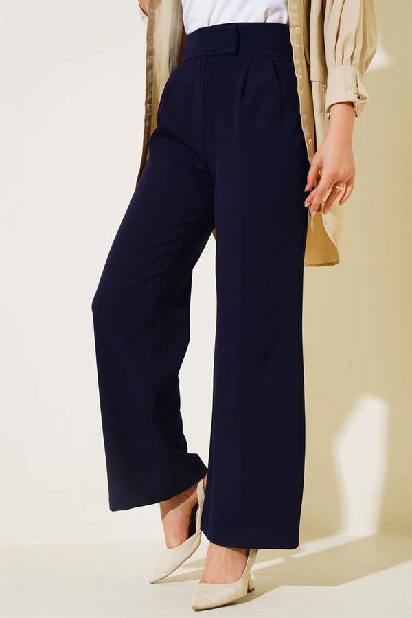 Velcro Waist Wide Leg Trousers Navy Blue