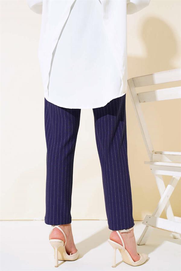 Striped Trousers with Velcro Waist in Navy Blue