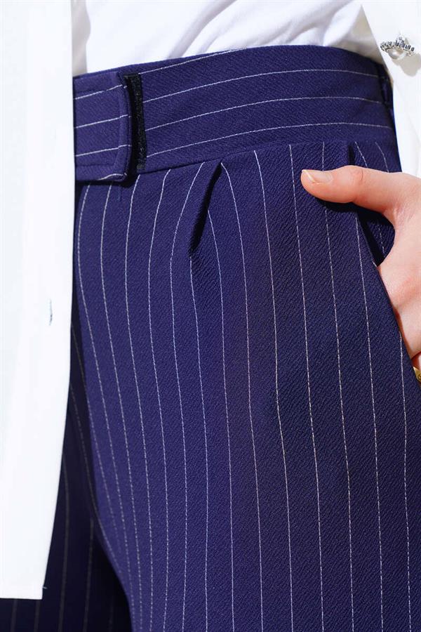 Striped Trousers with Velcro Waist in Navy Blue