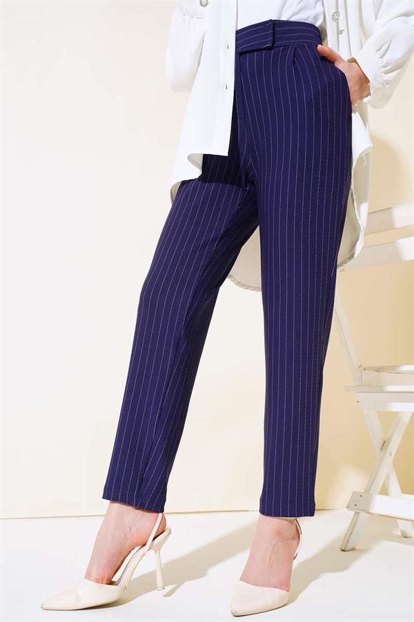 Striped Trousers with Velcro Waist in Navy Blue
