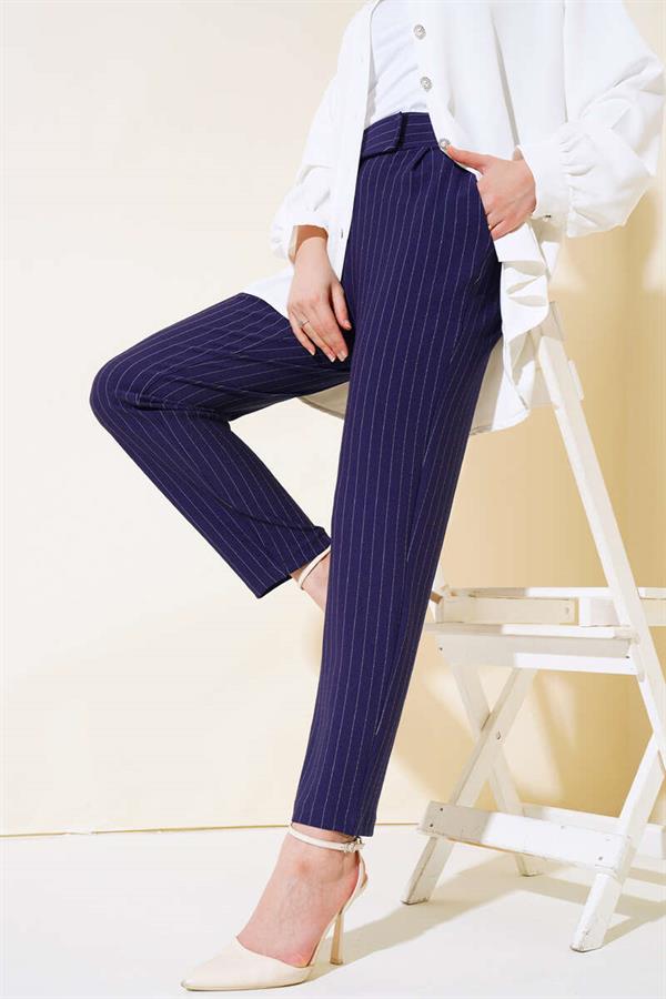 Striped Trousers with Velcro Waist in Navy Blue
