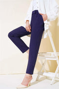 Striped Trousers with Velcro Waist in Navy Blue