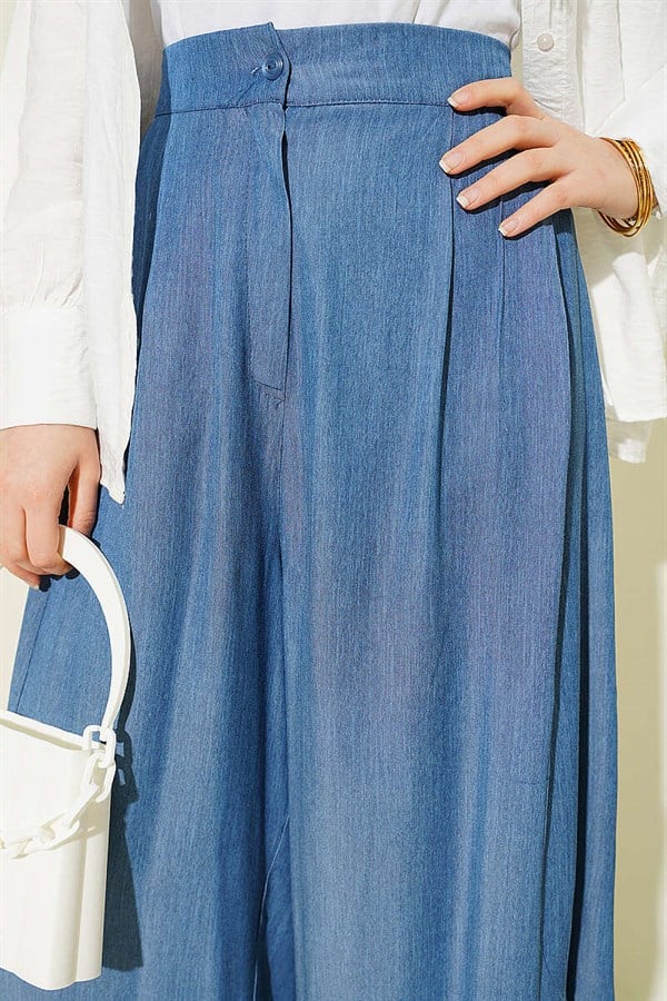 Indigo Pleated Harem Pants with Buttoned Waist