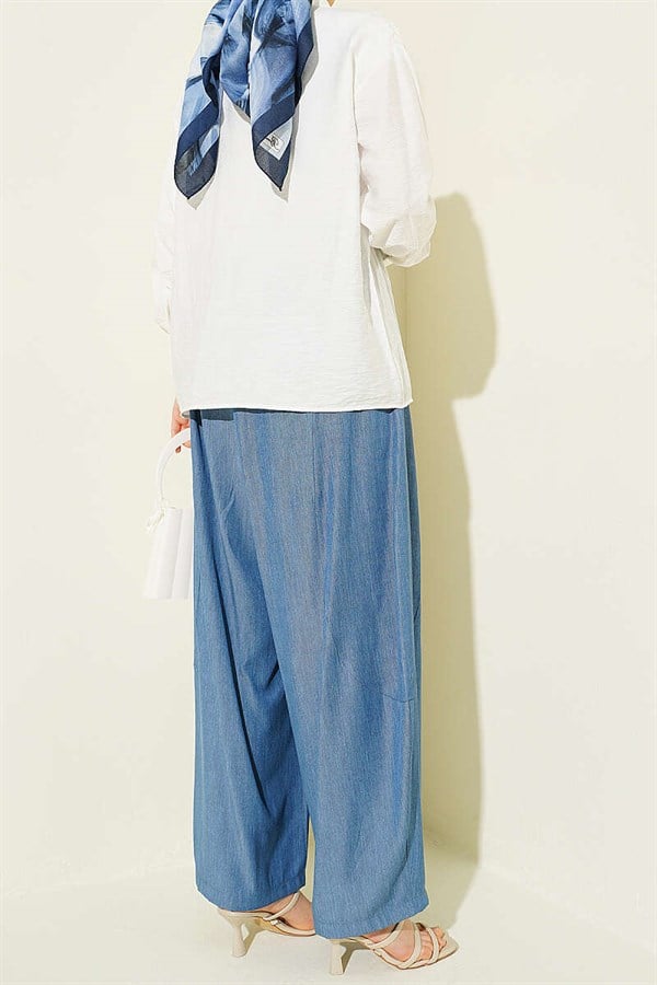 Indigo Pleated Harem Pants with Buttoned Waist