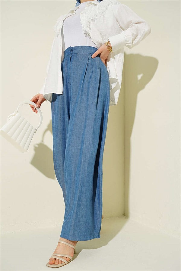Indigo Pleated Harem Pants with Buttoned Waist
