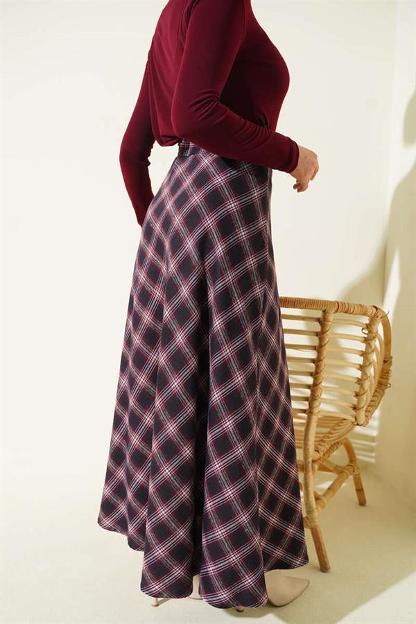 Burgundy Plaid Bell Skirt with Zipper Waist