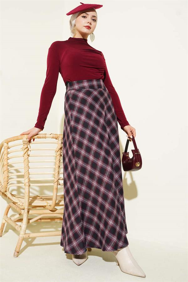 Burgundy Plaid Bell Skirt with Zipper Waist
