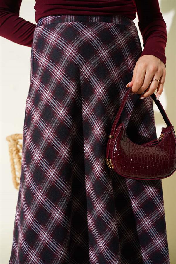 Burgundy Plaid Bell Skirt with Zipper Waist
