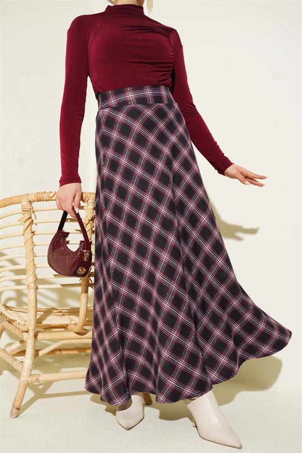 Burgundy Plaid Bell Skirt with Zipper Waist