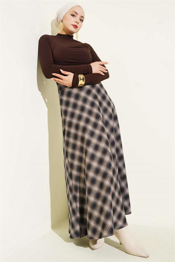 Camel Checked Bell Skirt with Zipper Waist