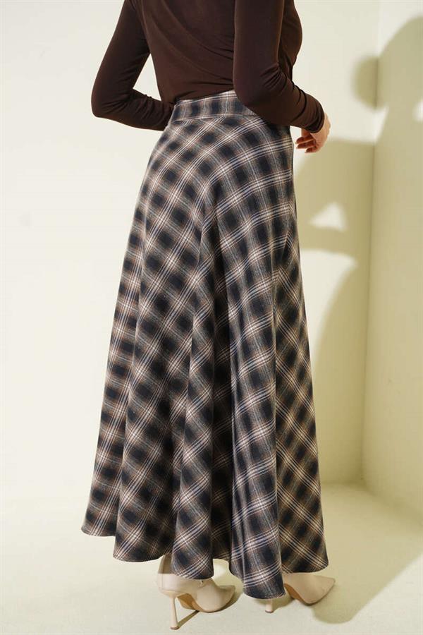 Camel Checked Bell Skirt with Zipper Waist