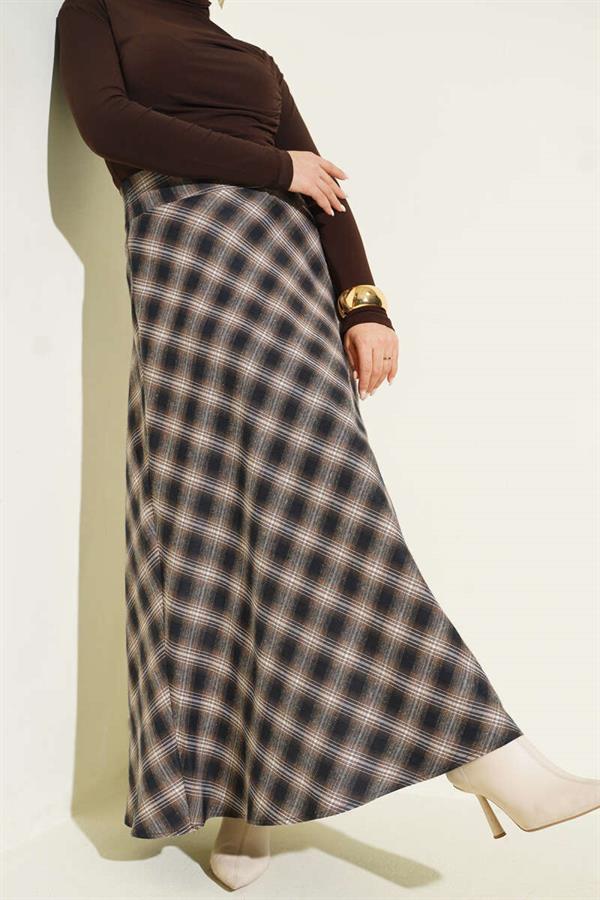 Camel Checked Bell Skirt with Zipper Waist