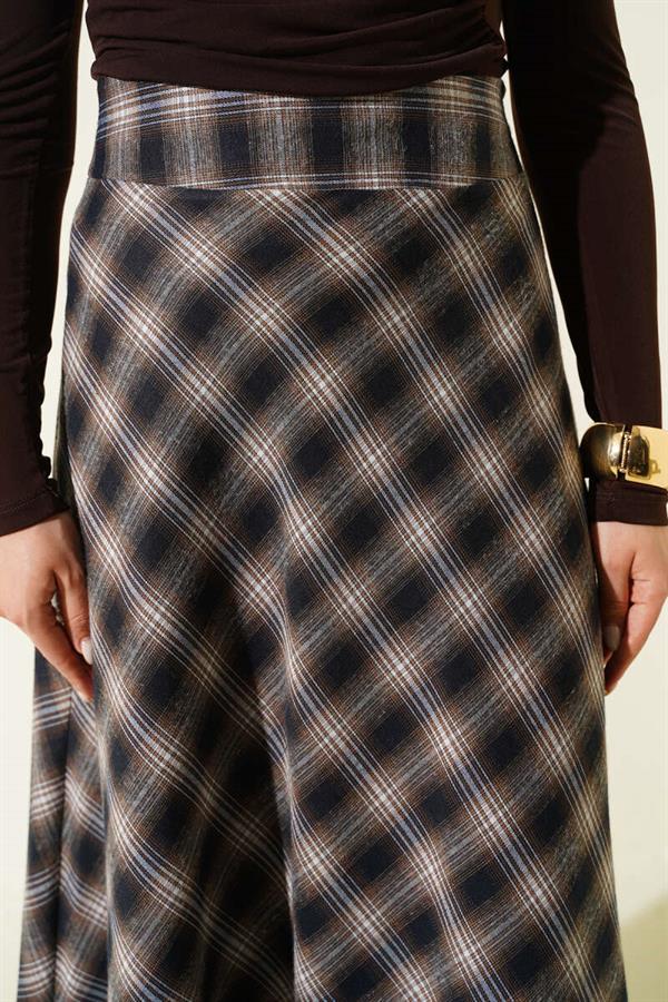 Camel Checked Bell Skirt with Zipper Waist