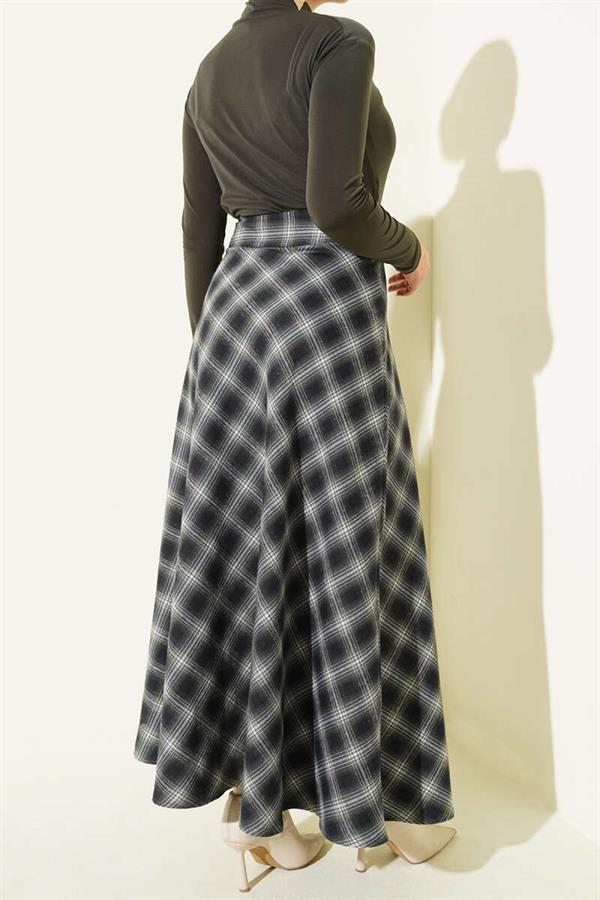 Checked Bell Skirt with Zipper Waist, Khaki