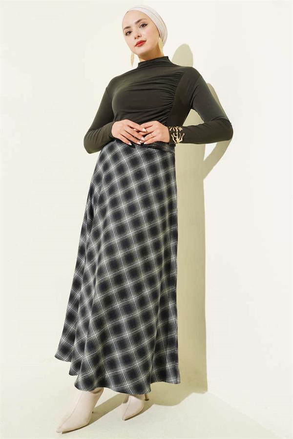 Checked Bell Skirt with Zipper Waist, Khaki