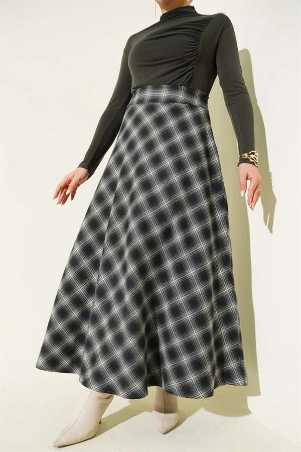 Checked Bell Skirt with Zipper Waist, Khaki