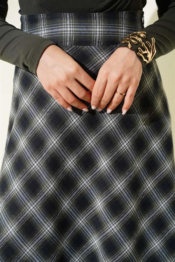 Checked Bell Skirt with Zipper Waist, Khaki